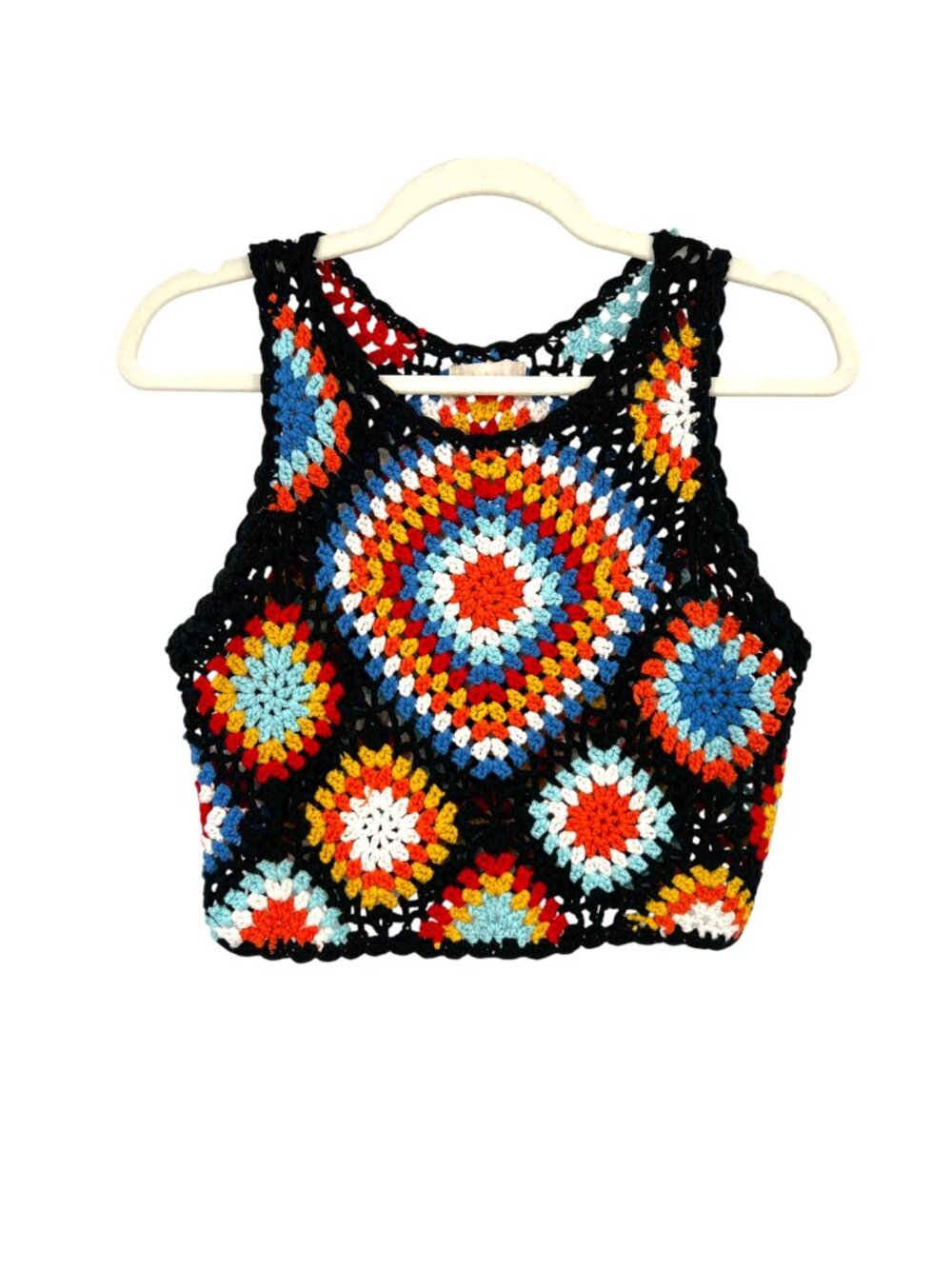 Altar'd State Granny Square Boho Cropped Tank Top Black Multicolor Size Small
